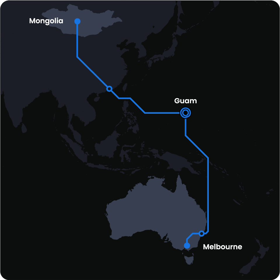 A map showing Mongolia and Melbourne, Australia connecting to Guam