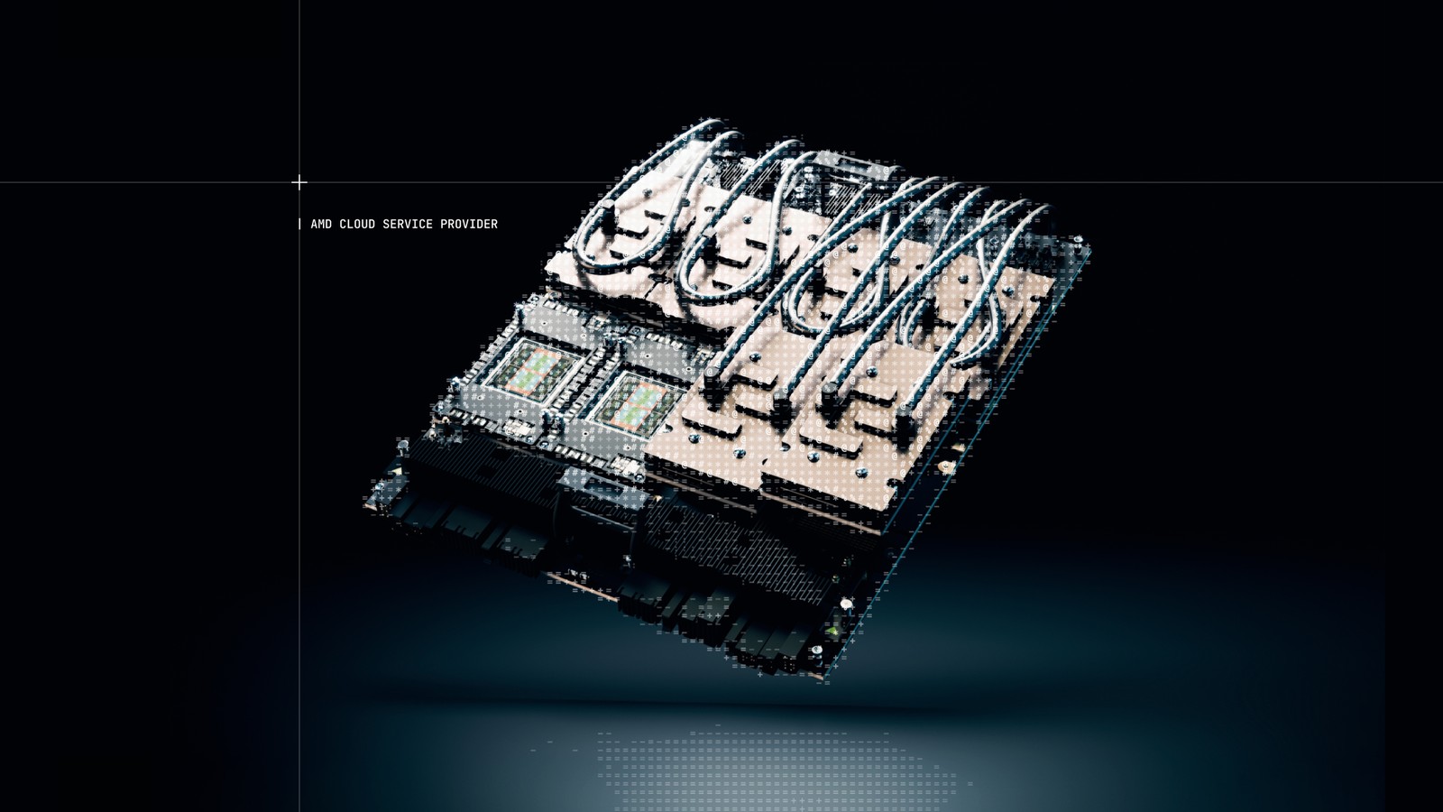 A direct liquid cooled AMD Instinct™ MI350 Series accelerator, stylized with OneQode's visual branding and superimposed with the words 'AMD Cloud Service Provider'