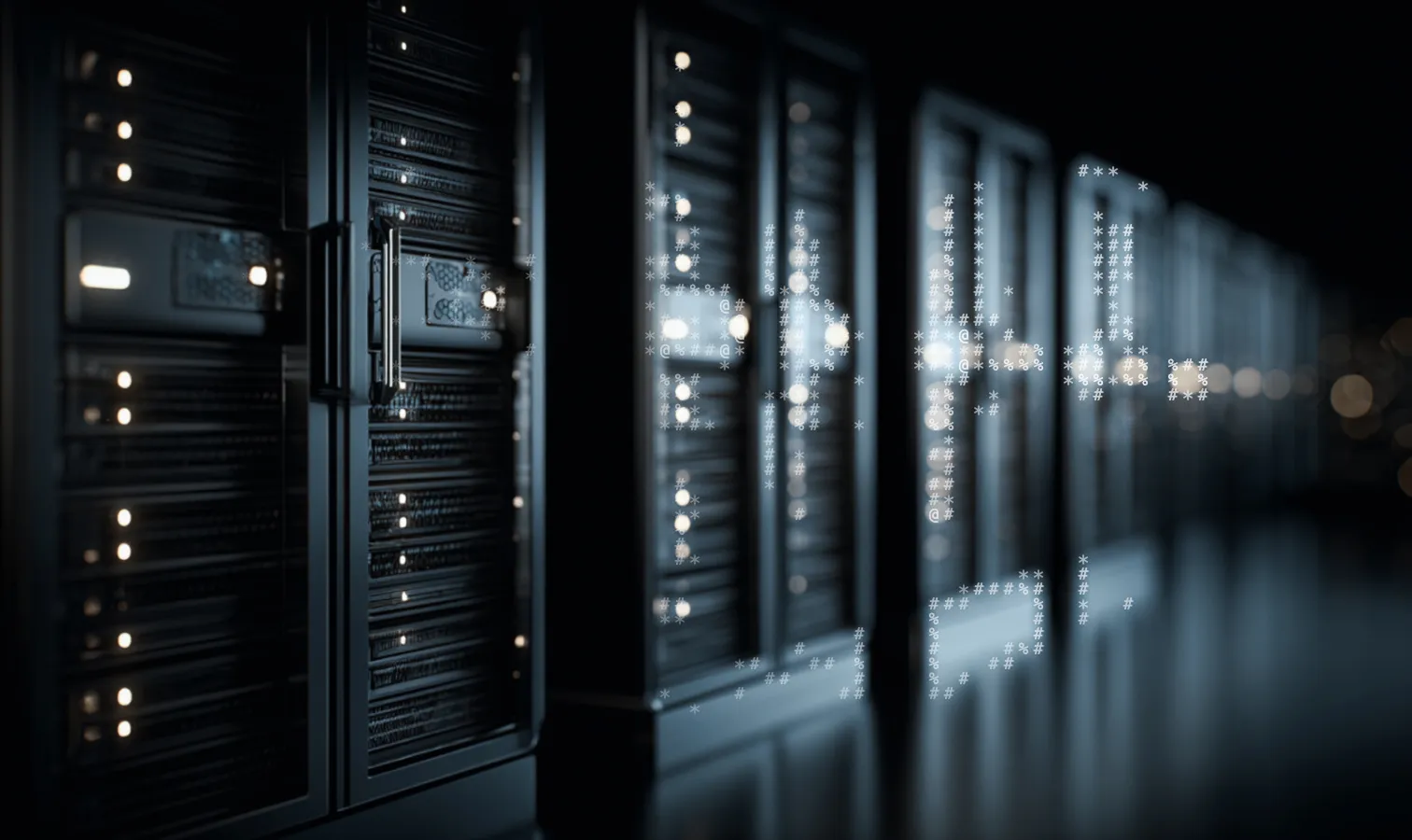 A row of illuminated server racks in a OneQode datacentre, overlaid with a subtle scatter of data symbols