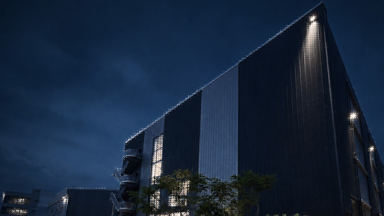 Night-time exterior render of a OneQode datacentre in Bangkok, Thailand