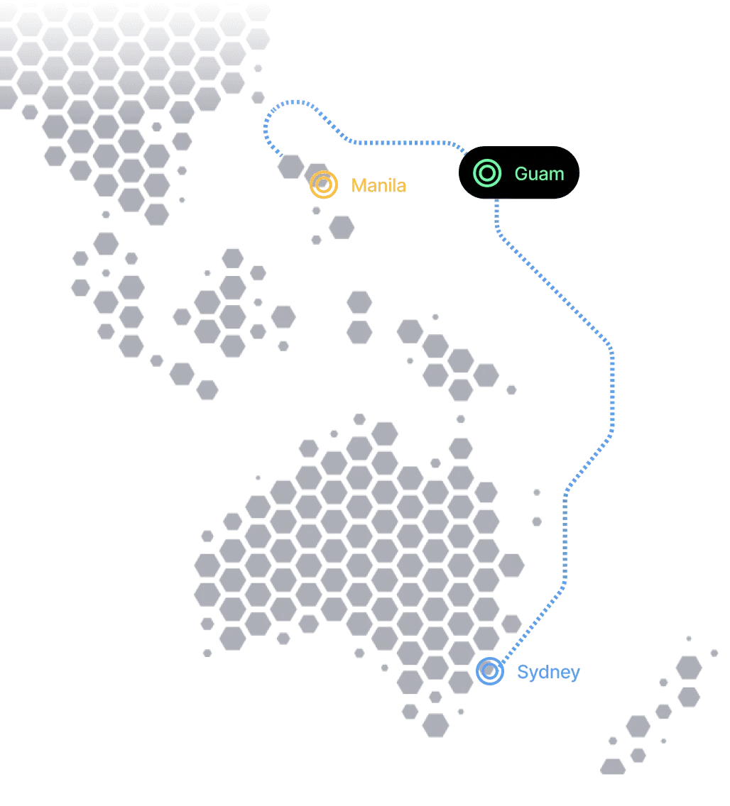 APAC network map showing Manila, Guam, and Sydney connections
