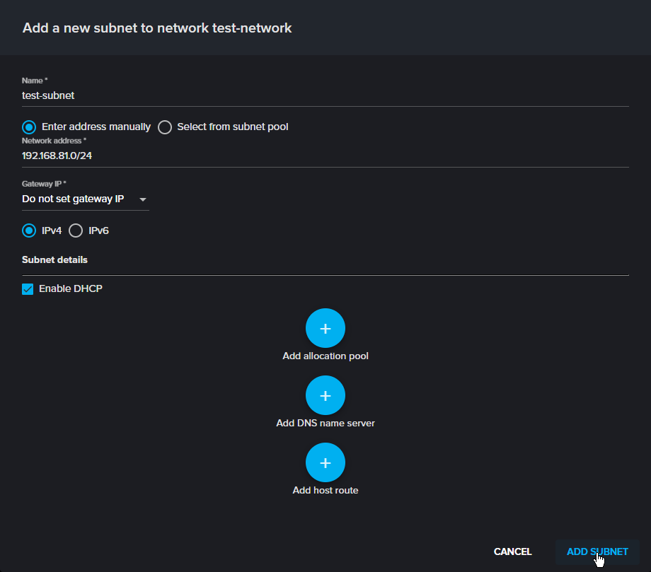Subnet configuration form