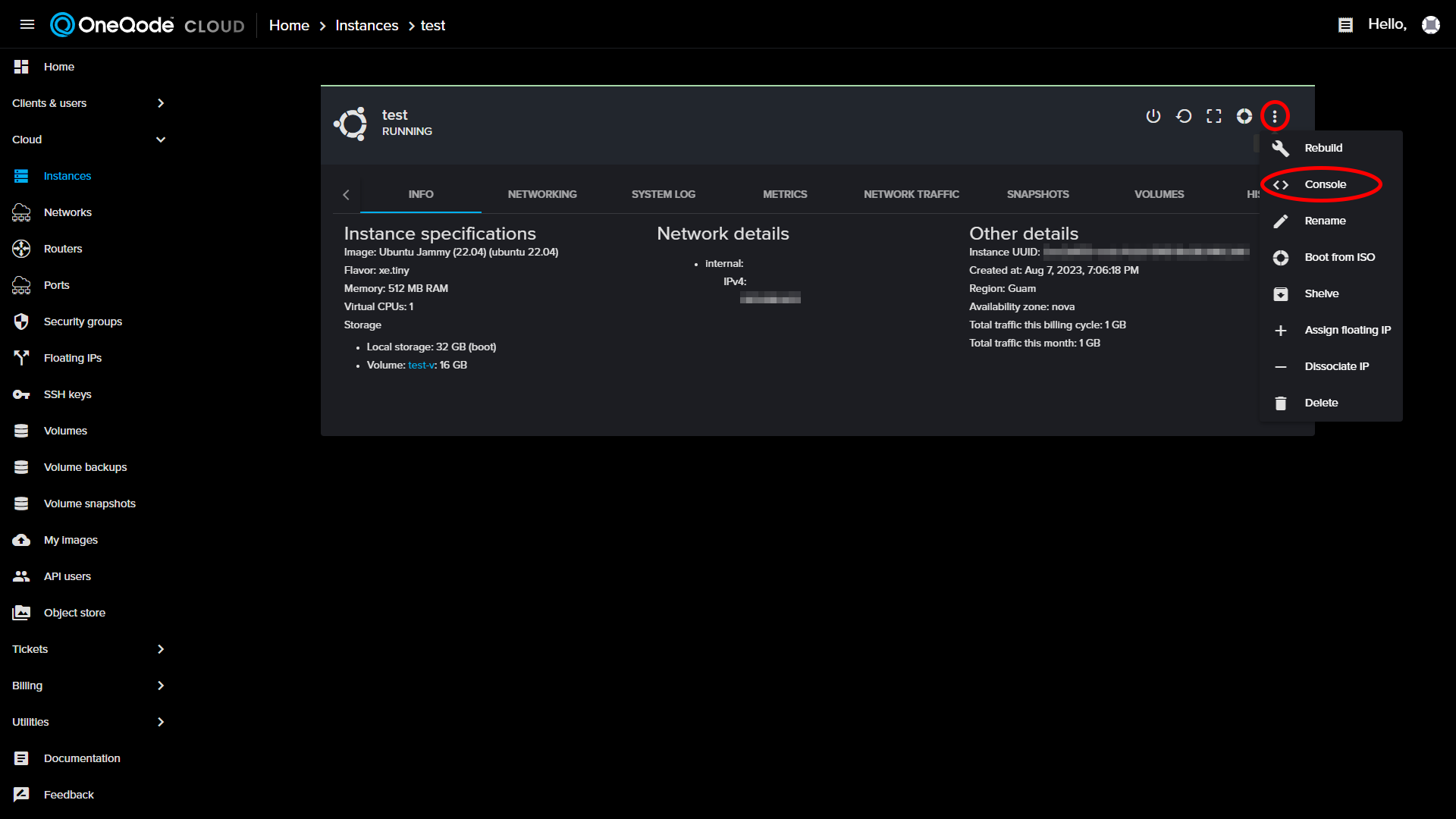 Accessing the console from within the OneQode Cloud dashboard