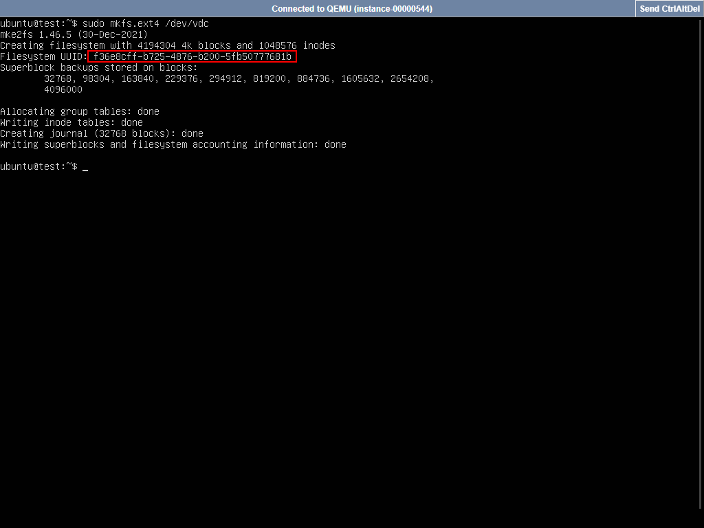 mkfs.ext4 output showing UUID