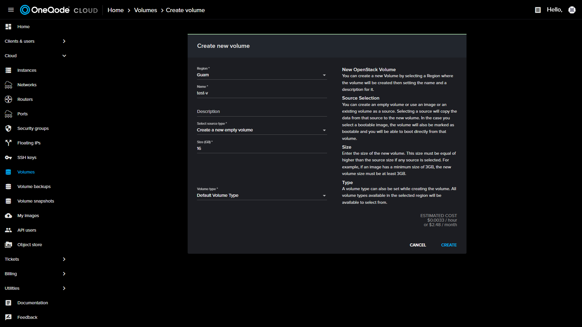 Volume creation form
